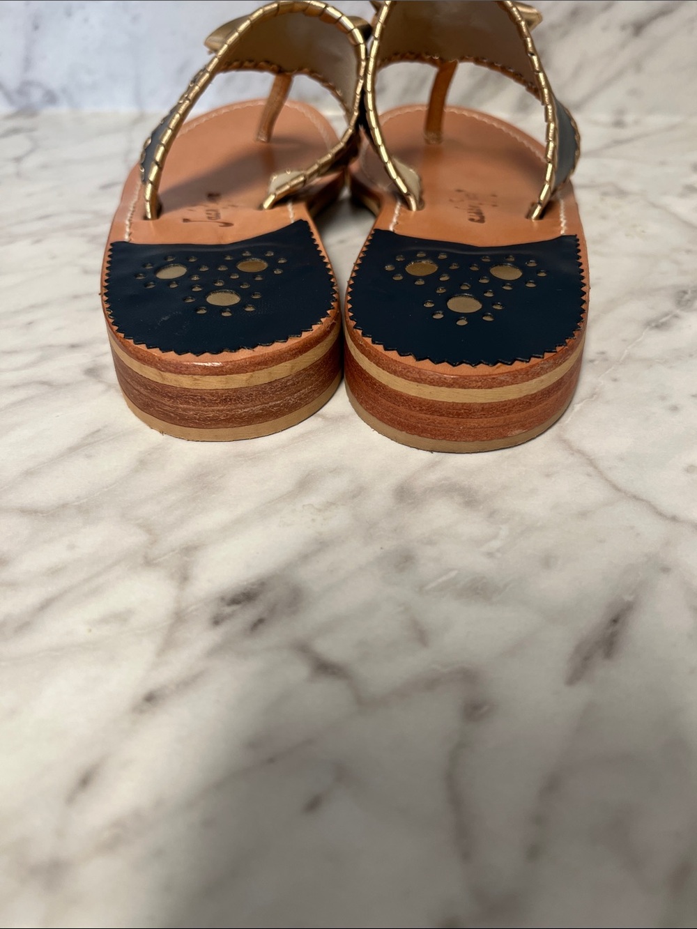 Jack Rogers, Blue and Gold Bow leather sandals - Picture 2 of 3